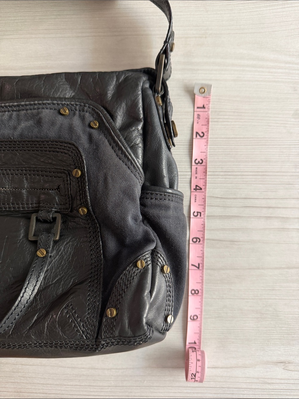 Diesel Black Leather Shoulder Satchel with Brass Studs - Picture 11 of 14